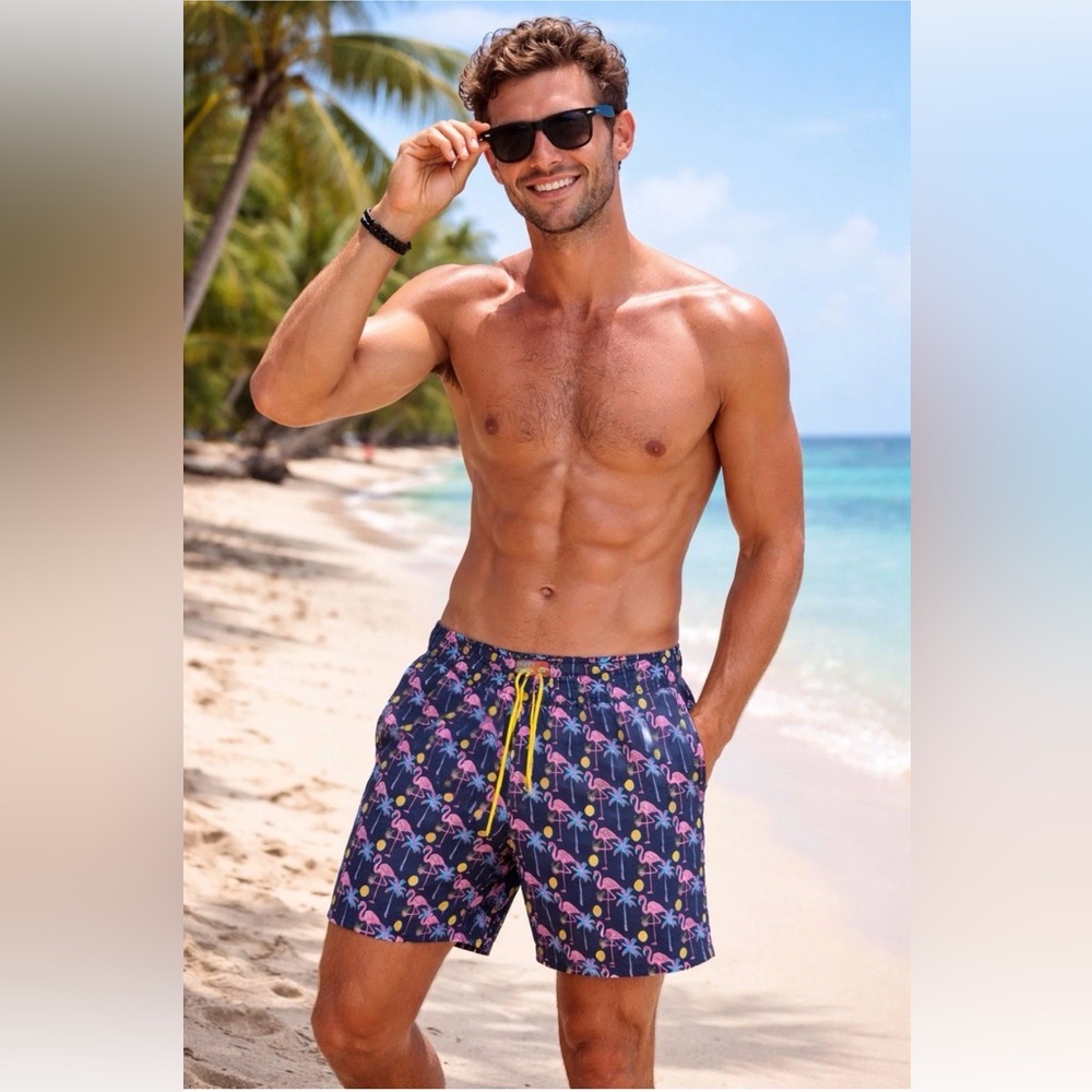 Party Sharks‎ Men’s Swim Trunks Size L Navy Flamingo Palm Tropical Print